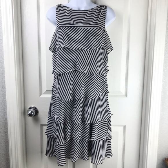 London Times Striped Tiered Ruffle Dress Sz 12 - Picture 2 of 6